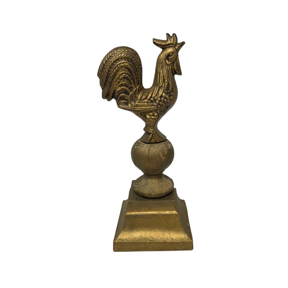 Vintage Painted Cast Iron Rooster on Wood Pedestal French Country Decor